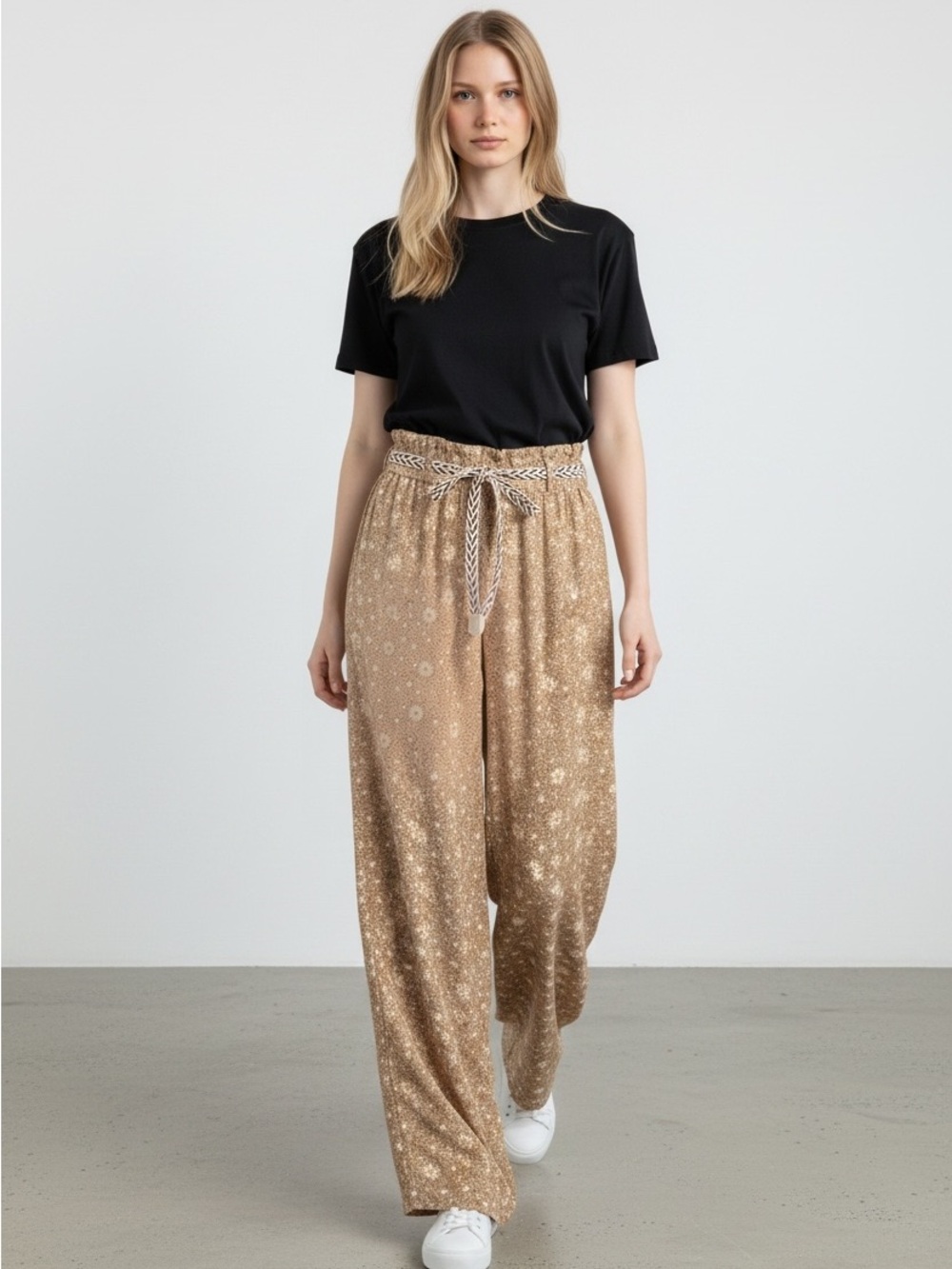 Wide-Leg Printed Drawstring Pants in Tan